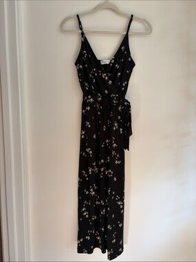 Black Floral Wrap Jumpsuit with Pockets